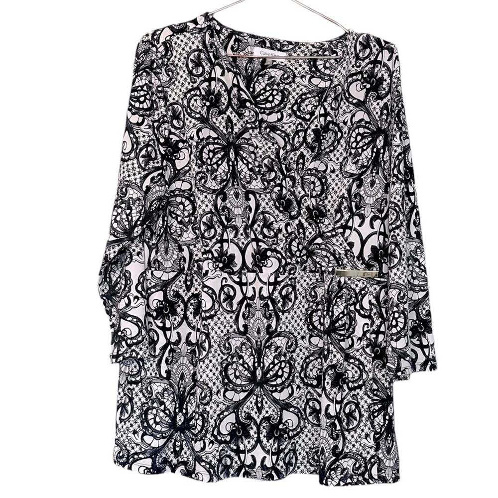 Calvin Klein Long Sleeve V-Neck Blouse Gold Accent